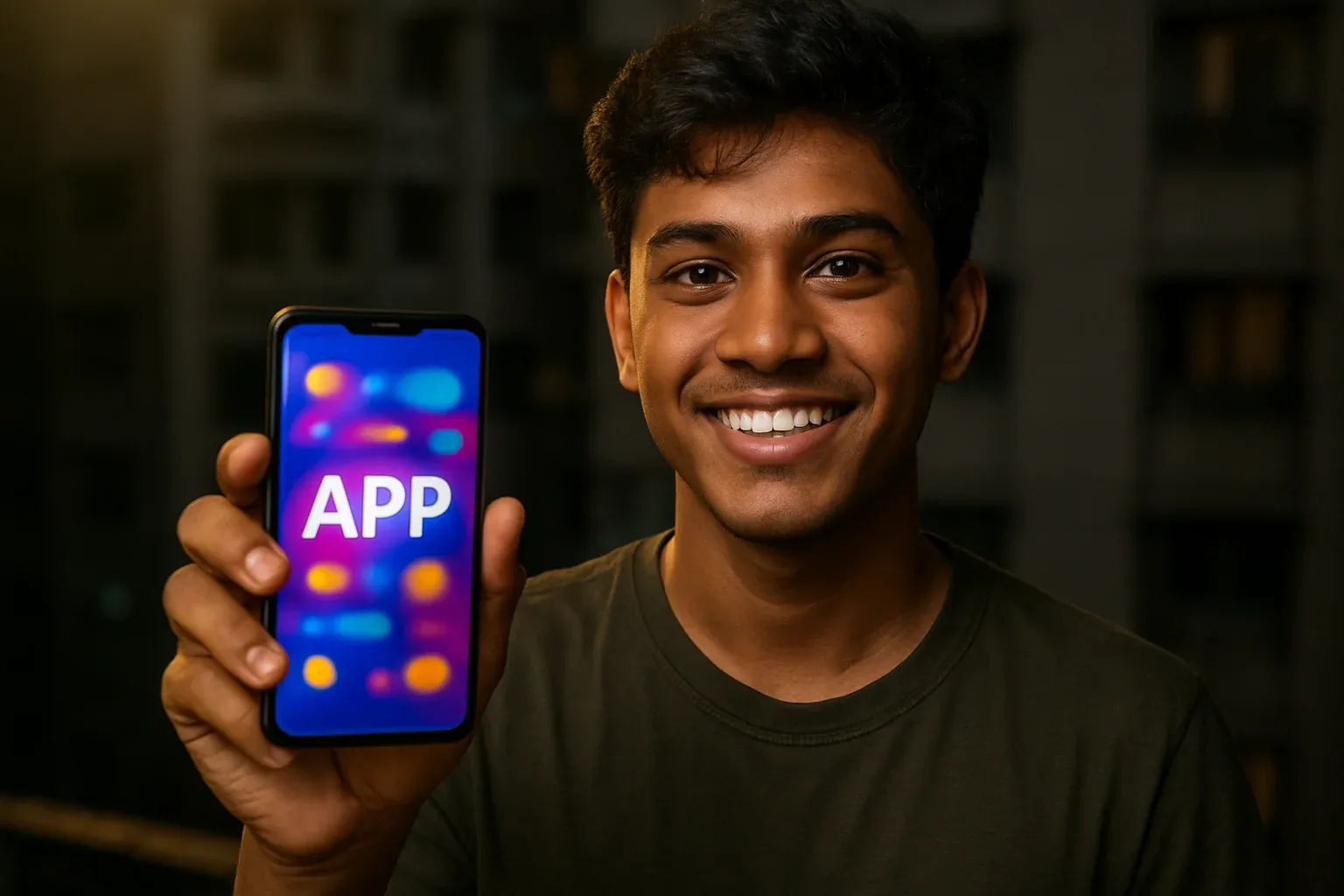 Smiling young Bangladeshi man holding smartphone with glowing gaming app screen