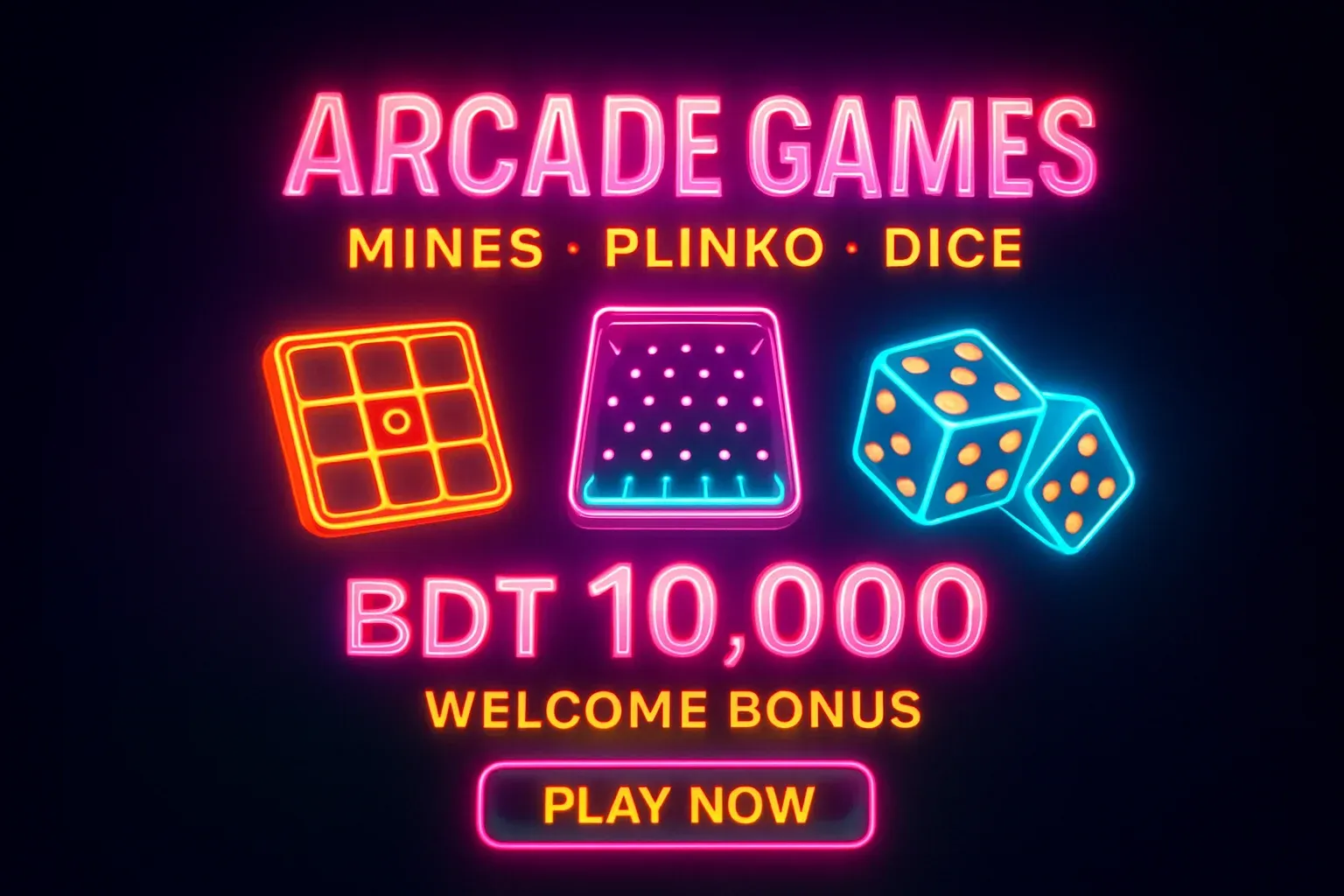 Neon arcade games promo banner with mines, plinko, dice, and bonus