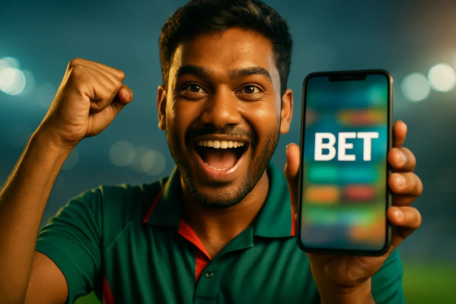 Excited Bangladeshi man holding phone with sports betting screen saying BET