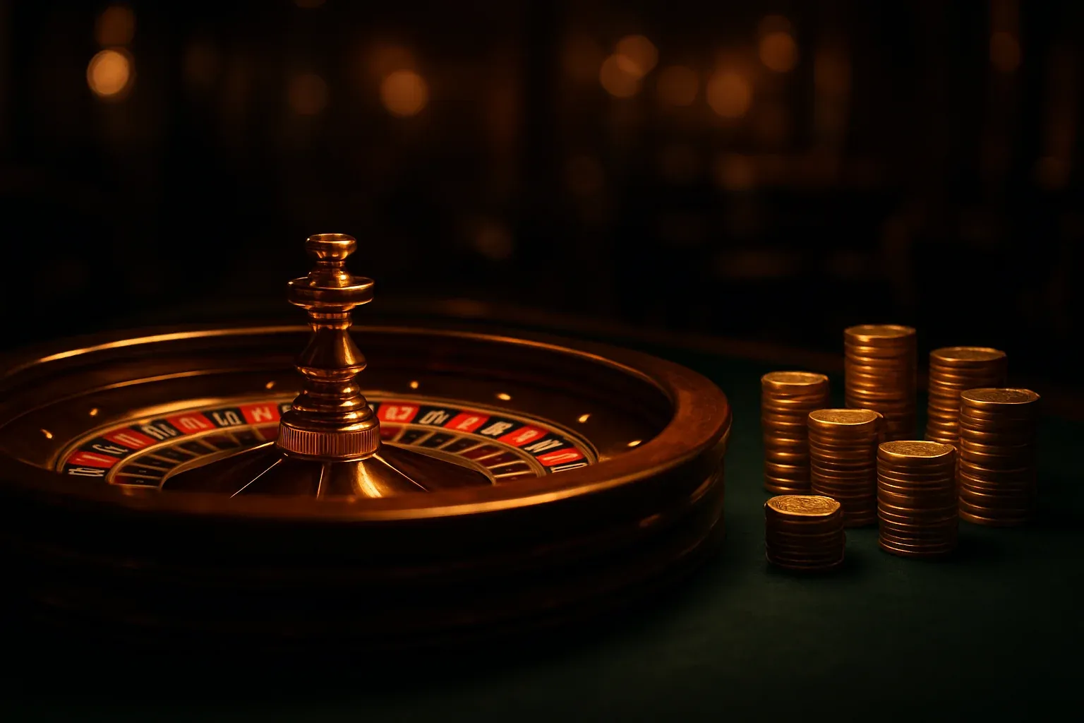 Hyperrealistic live casino table with glowing roulette wheel and golden chips
