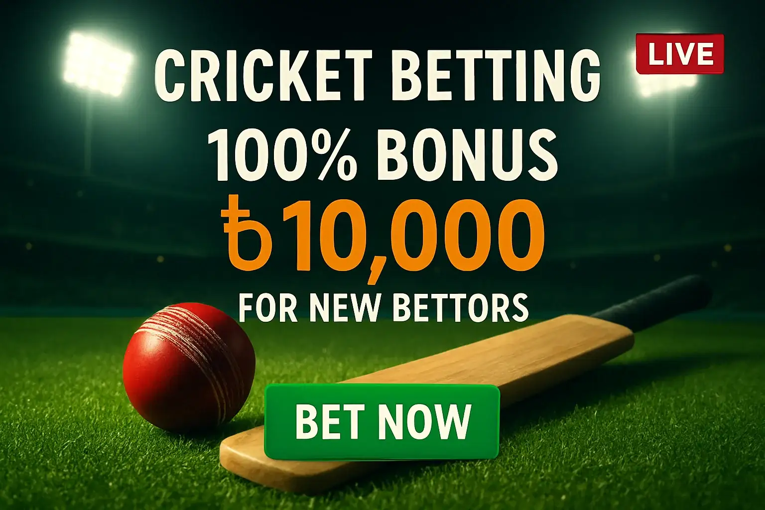 Cricket betting banner with stadium, bat, ball, bonus, and CTA