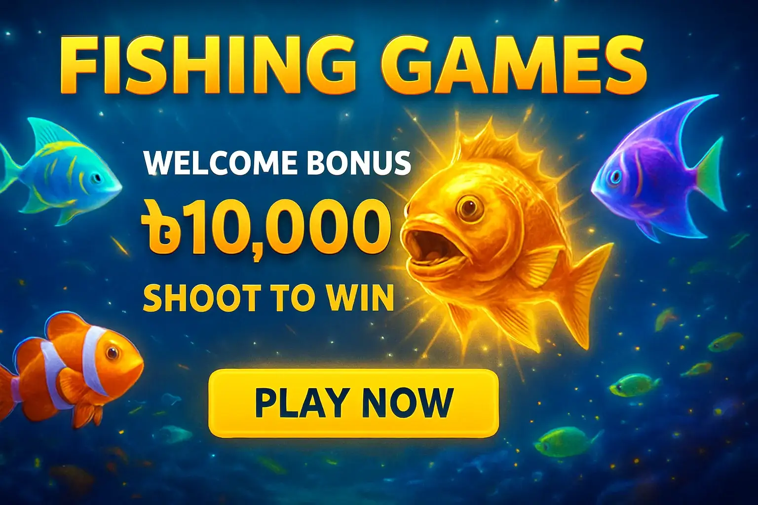 Fishing arcade banner with boss fish, bonus offer, and play button