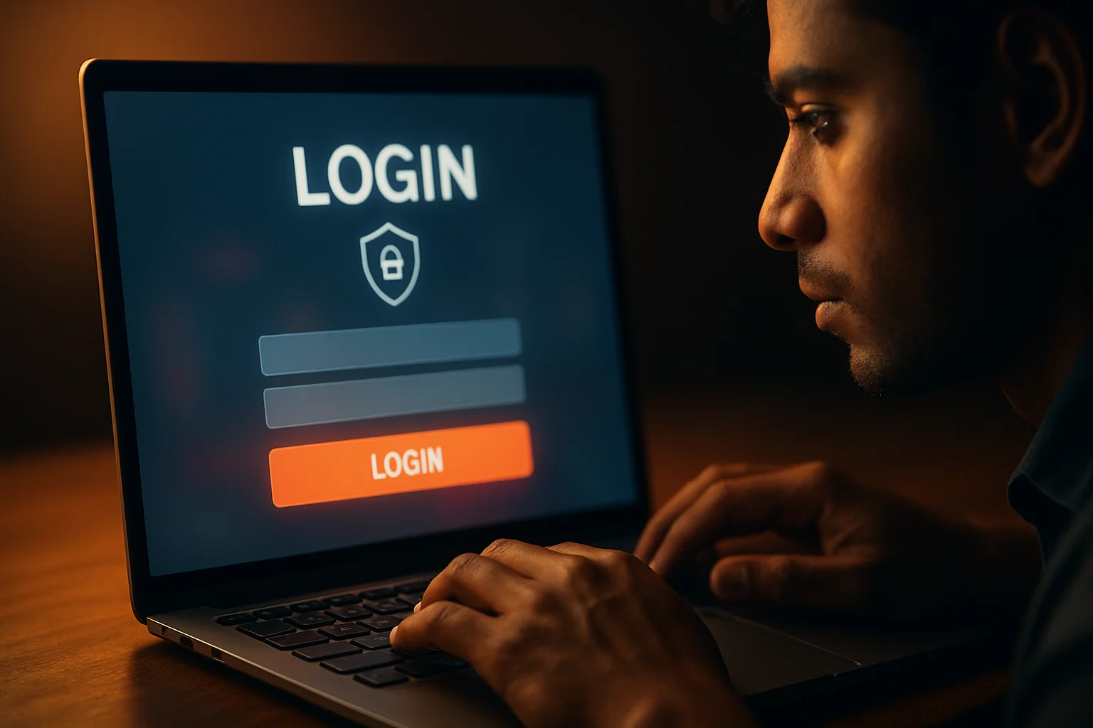 Young Bangladeshi man's hands on laptop showing LOGIN sign-in screen