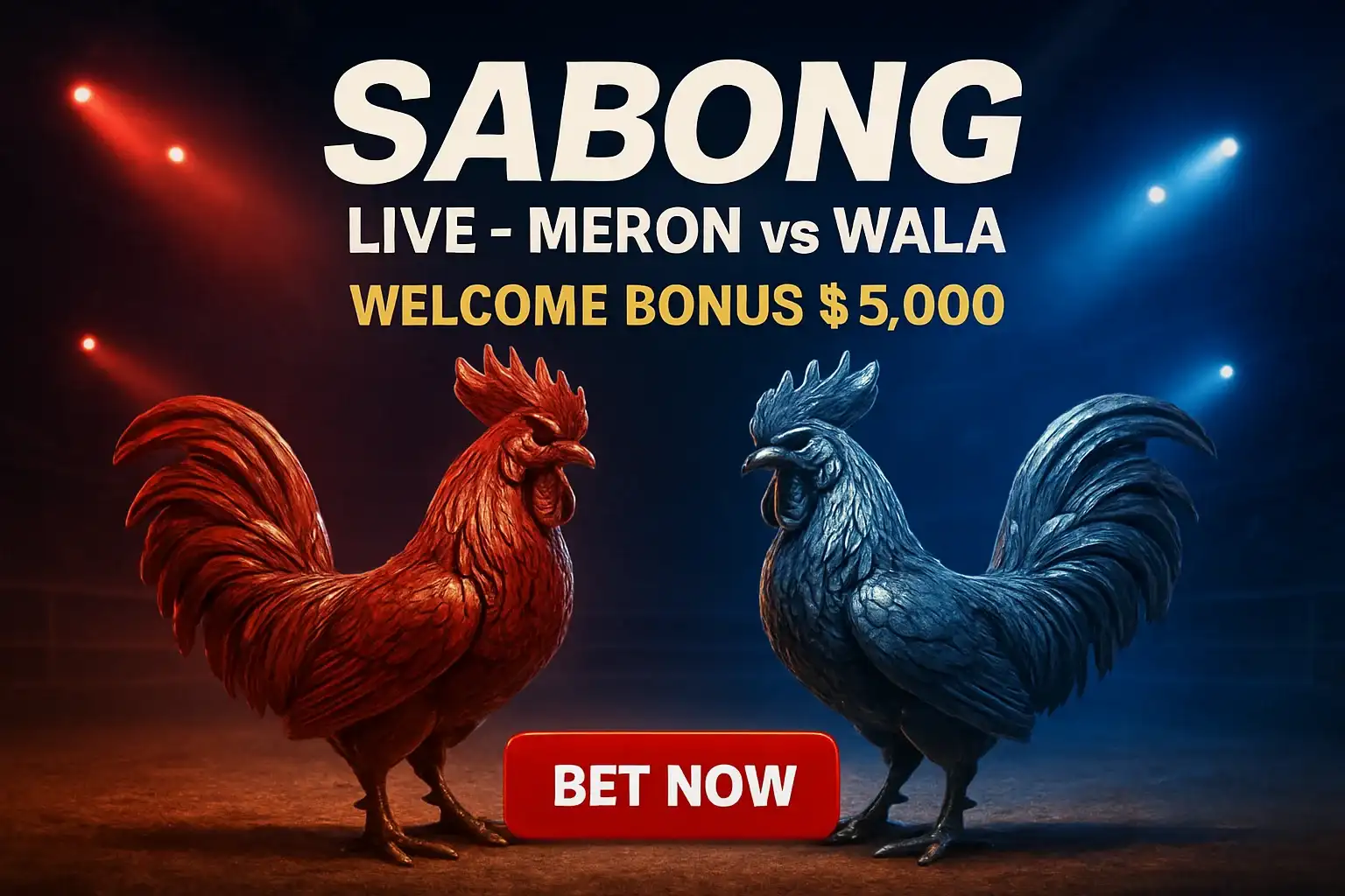 Live sabong banner with decorative rooster figurines and bonus offer