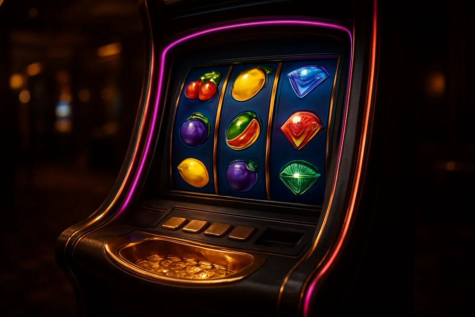 Premium slot machine with three reels in a dark luxury casino